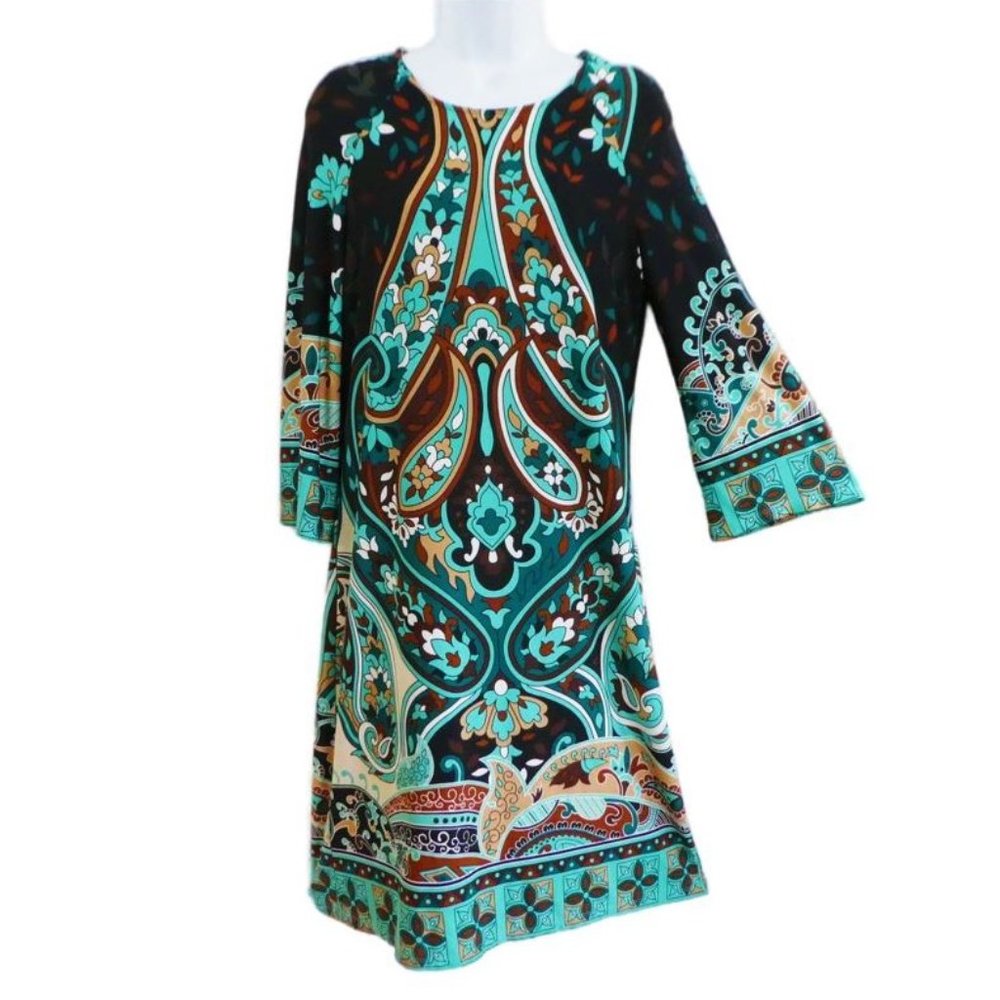 Vintage USA 90s Coco Club Dress Mod New Age Boho Keyhole Back Poly Spandex L